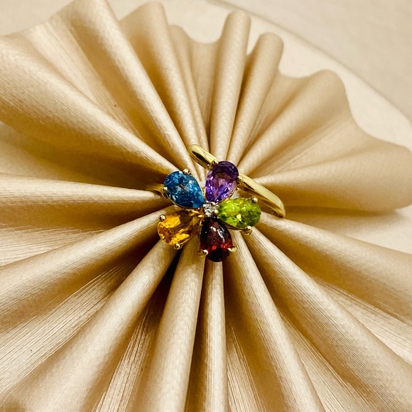 EUC Estate 10k Yellow Gold Genuine Multi-Colored Gemstone & Diamond Flower Ring - Picture 10 of 17